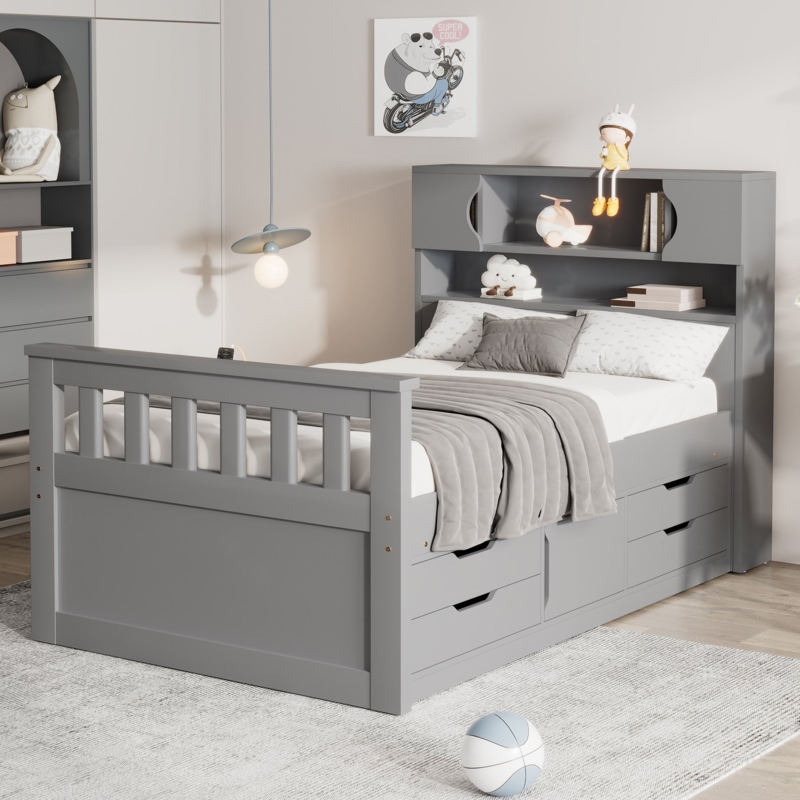 Matte Grey Captains Bed with Bookcase Headboard