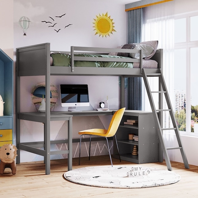 Matte Grey Loft Bed with L-Shaped Desk and Slanted Ladder Access