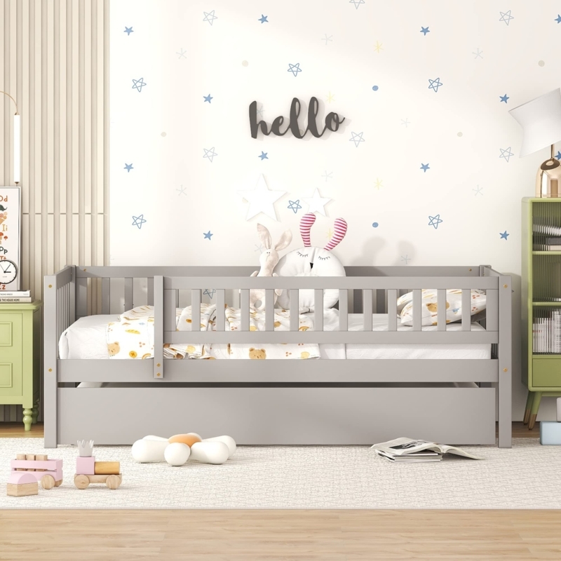 Matte Grey Montessori Toddler Daybed with Safety Fence and Trundle.