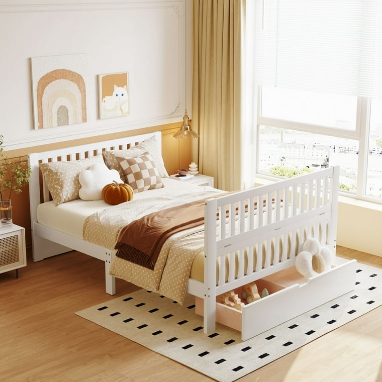 Matte White Convertible Crib with Under-Bed Drawer Storage