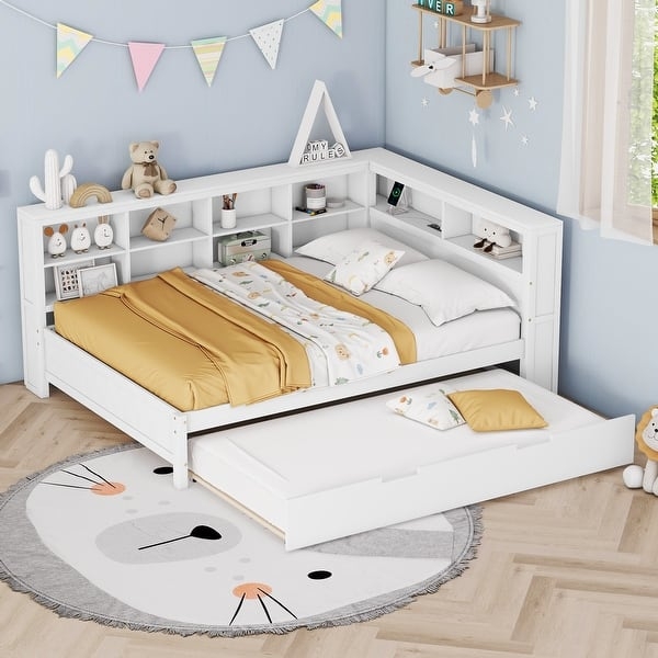 Matte White Daybed with L Shaped Headboard, Storage, and USB Charging.