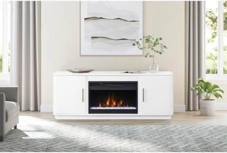 Matte White Fireplace Console Rounded Edges Pebble Bed Minimalist