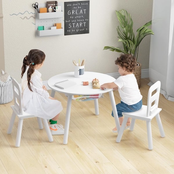 Matte White Kids Table Set with Center Mesh Storage Net