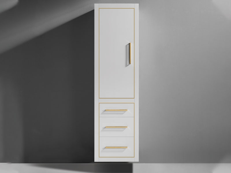 Matte White Linen Cabinet featuring Elegant Gold Inlay, Wall Hung Storage.