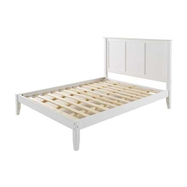 Matte White Platform Bed with Shaker Panels and Wooden Slats