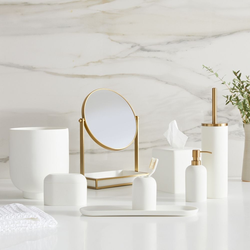 Matte White Resin Bathroom Set with Gold Accents and Swivel Mirror