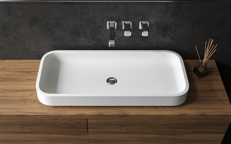Matte White Stone Vessel Sink: Rectangular Rounded Corners