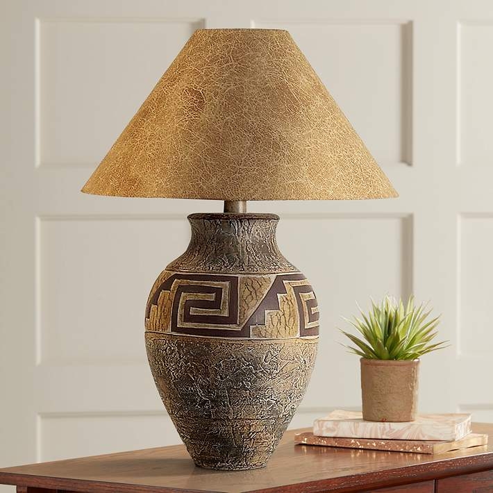 Meander Pattern Table Lamp: Textured Urn Base & Leather Look Shade