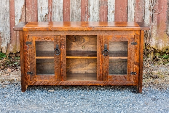 Media Console Saw Cut Texture Glass Inset Doors Mission