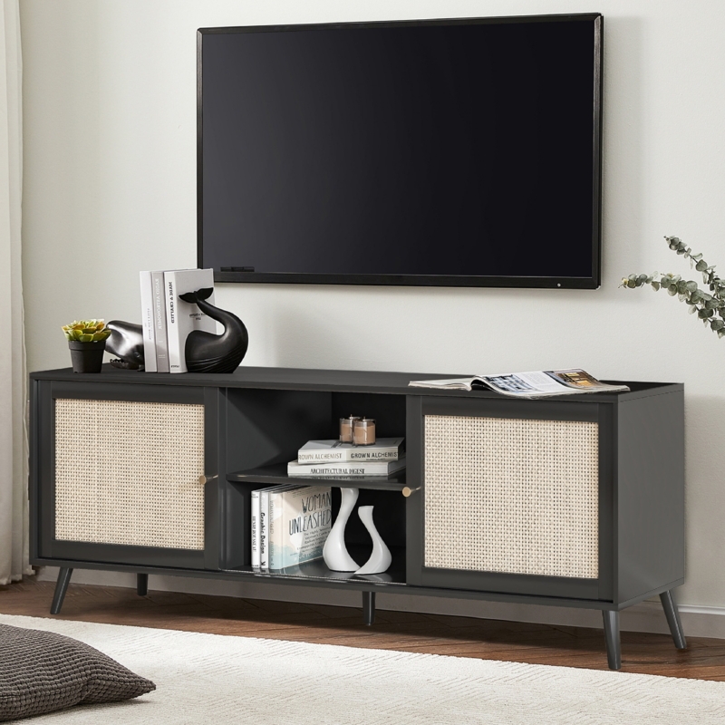 Media Console with Rattan Cane Doors, Tapered Legs, Matte Black.