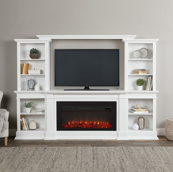 Media Fireplace White Integrated Shelving Crown Molding Traditional