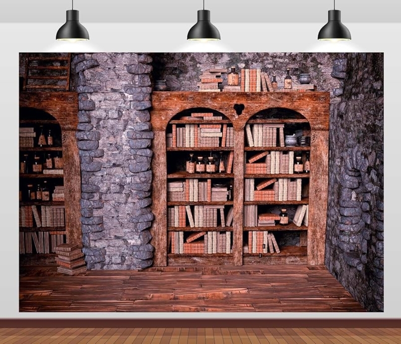 Medieval Library Photography Backdrop with Arched Stone Shelving