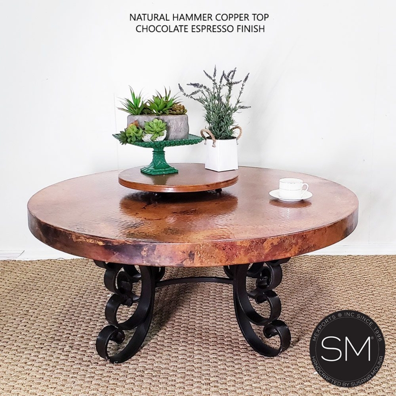 Mediterranean Coffee Table, Thick Edge Hammered Copper and Scrolled Iron