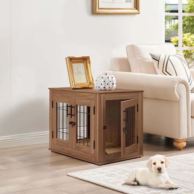 Medium Walnut Dog Crate End Table with Decorative Sliding Latches