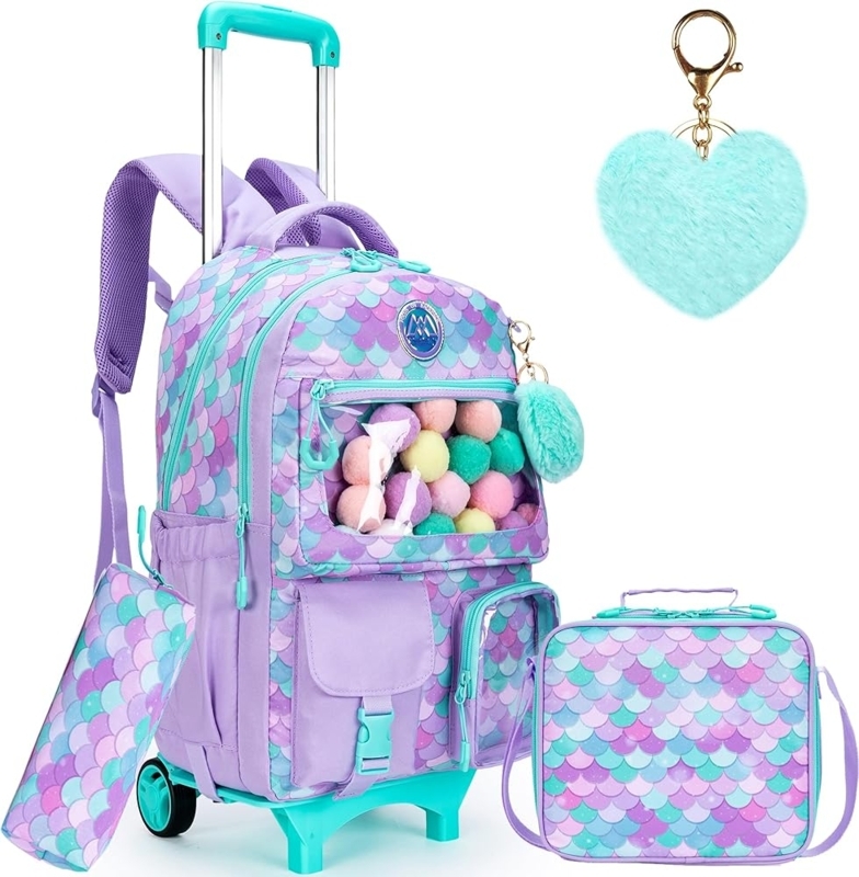 Mermaid Scale Rolling Backpack with Transparent Pom Pom Pocket