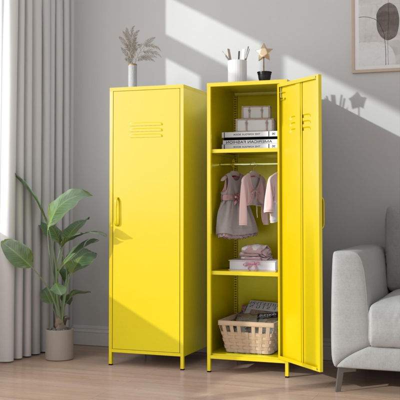 Metal Locker Bright Yellow Louvered Vents Adjustable Shelves Slim Legs