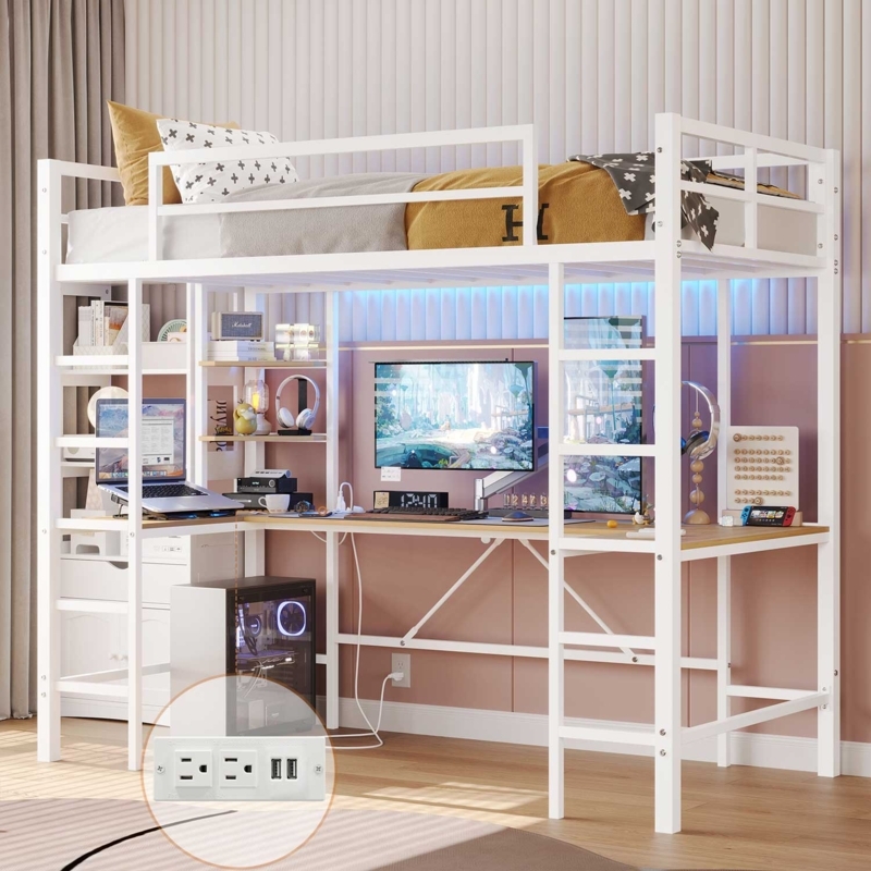 Metal Loft Bed With U-Shaped Desk, LED Lighting And Charging Station