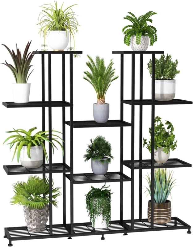Metal Plant Stand 9 Tier Multifunction Decorative Black Steel Shelf Patio  Garden | eBay