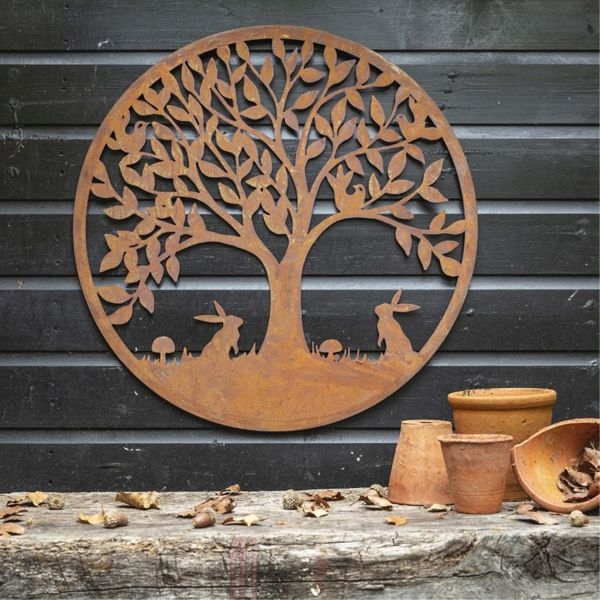 Metal Wall Art Rusted Finish Rabbit Motifs, Woodland Garden Art