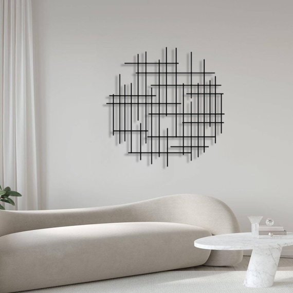 Metal Wall Sculpture with Intersecting Rods, Matte Black Circular