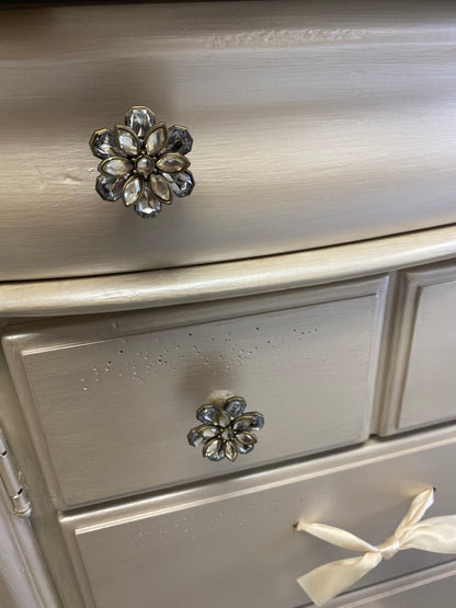 Metallic Champagne Dresser Crystal Flower Knobs & Ribbon Tie