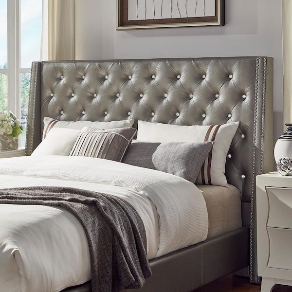 Metallic Pewter King Headboard: Wingback with Crystal Button Tufting