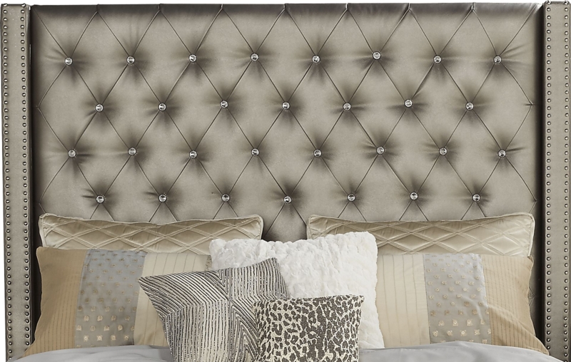 Metallic Queen Bed: Wingback Headboard Design with Crystal Tufting