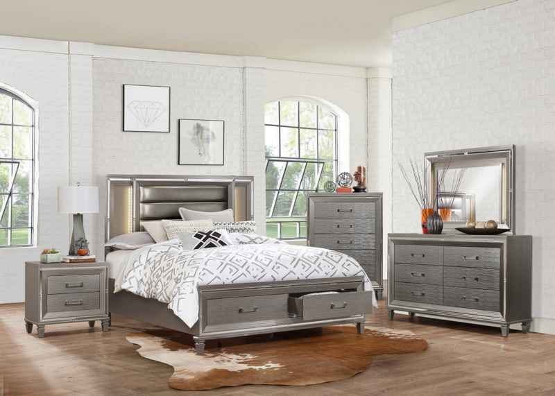 Metallic Silver Bedroom Set with Footboard Storage & LED Lights