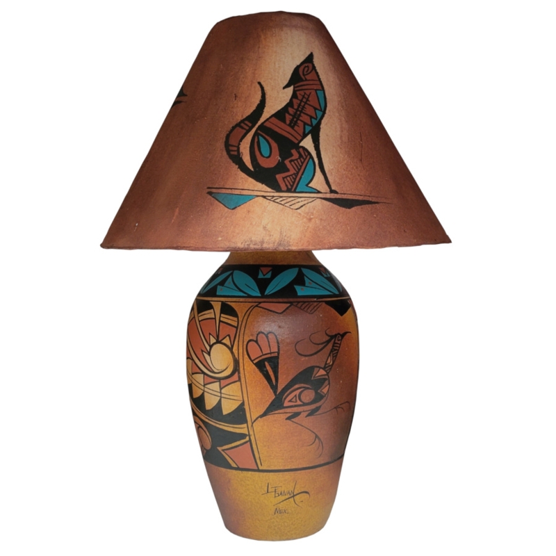 Mexican Pottery Table Lamp: Hand-Painted Stylized Cat Motif