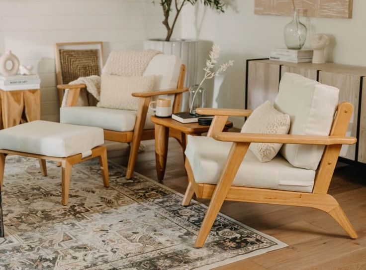 Mid-Century Accent Chair with Ottoman and Wide Wooden Armrests