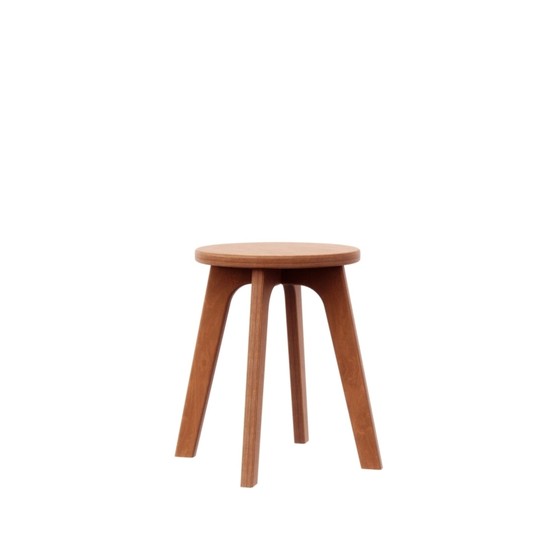 Mid-Century Accent Stool Round Teak Arched Joinery Layered Edge Tapered