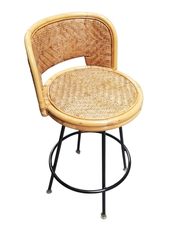 Mid Century Bar Stool Swivel Rattan Herringbone Weave Iron Base