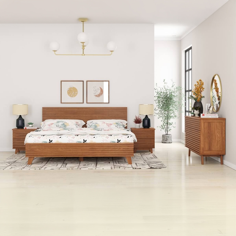 Mid-Century Bedroom Set Fluted Drawer Fronts Tapered Legs