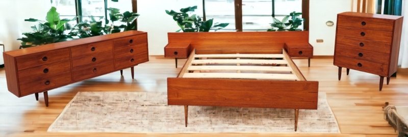 Mid-Century Bedroom Set Recessed Circular Pulls Tapered