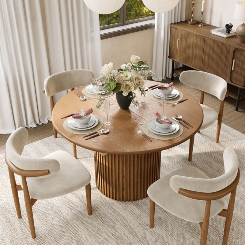 Mid-Century Dining Set Honey Oak Fluted Pedestal Curved Chairs