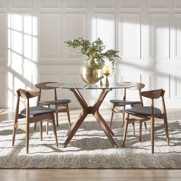 Mid-Century Dining Set: Walnut Base & Curved Open Back Chairs