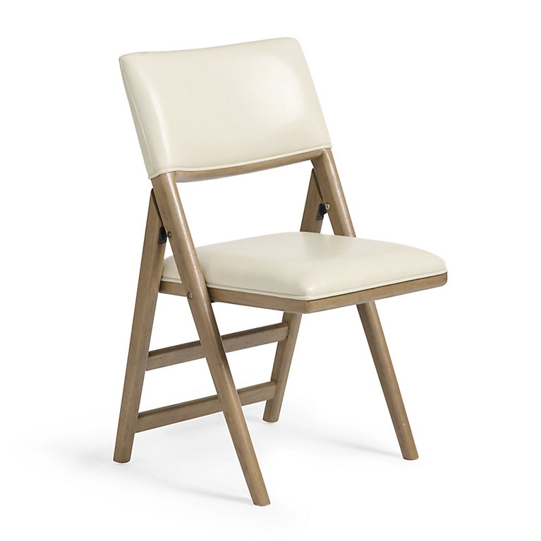 Mid-Century Folding Chair Walnut Frame Cream Leather-Like Open Back