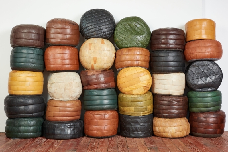 Mid-Century Leather Pouf Seating: Horizontal Stitching & Modular