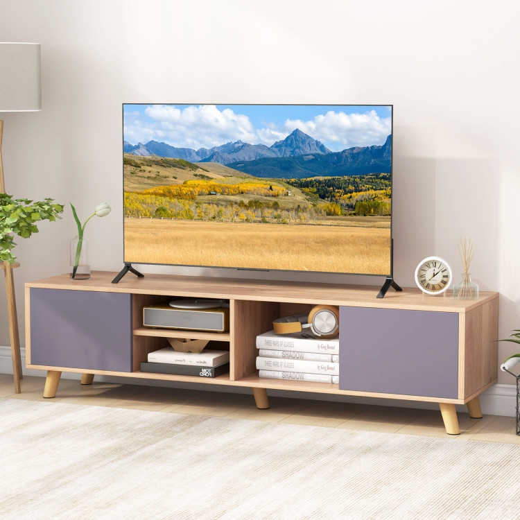 Mid Century Media Console, Lavender Doors, Tapered Legs, 65 Inch TV Unit.