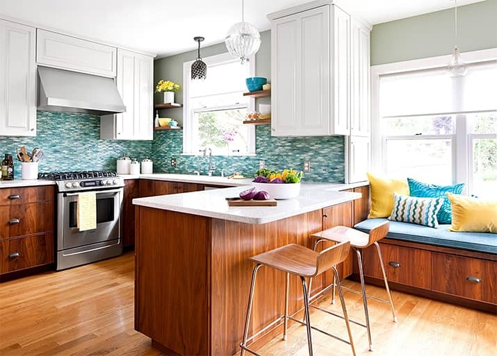 Mid-Century Modern Kitchen Island with Blue Glass Mosaic Tile