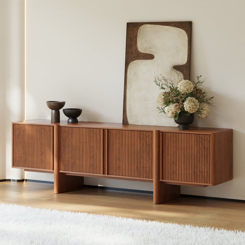 Mid Century Modern Media Console with Fluted Doors and Post Legs