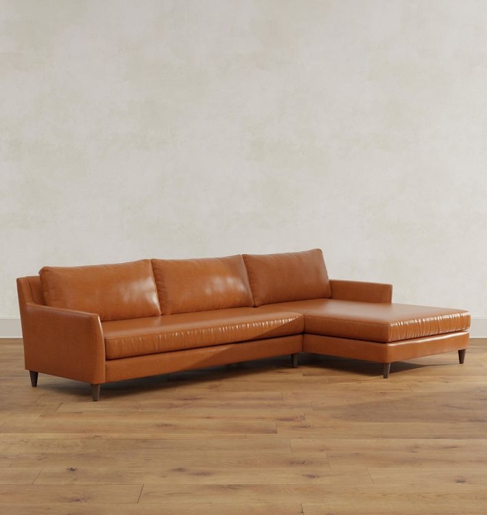 Mid-Century Modern Sectional Cognac Leather Tapered Wood Legs