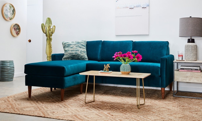 Mid-Century Modern Velvet Sectional Sofa with Tapered Legs