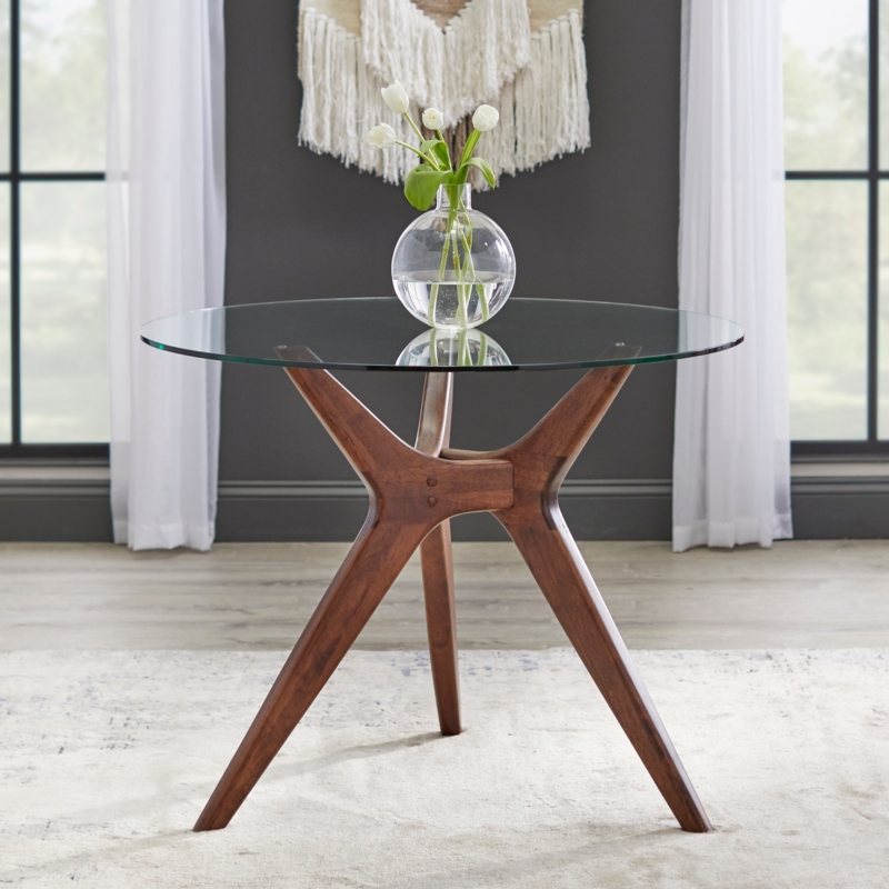 Mid-Century Round Dining Table with Walnut Architectural X-Frame Base