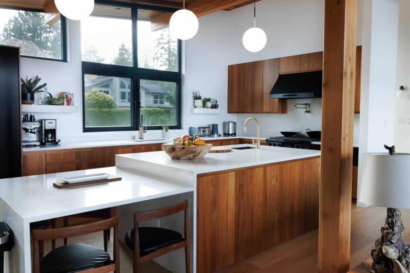 Mid-Century Tiered Waterfall Kitchen Island with White Globe Pendants