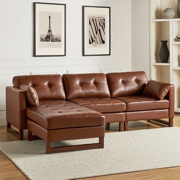 Mid-Century Tufted Chaise Sofa with Wood Base Frame Cognac Leather
