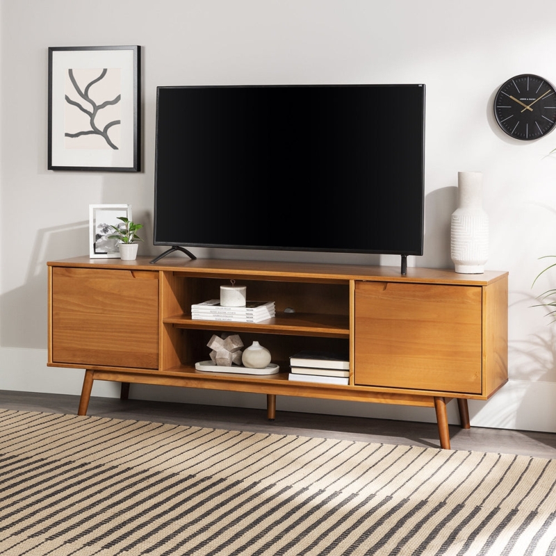 Mid Century TV Console with Split Storage Design in Caramel Wood