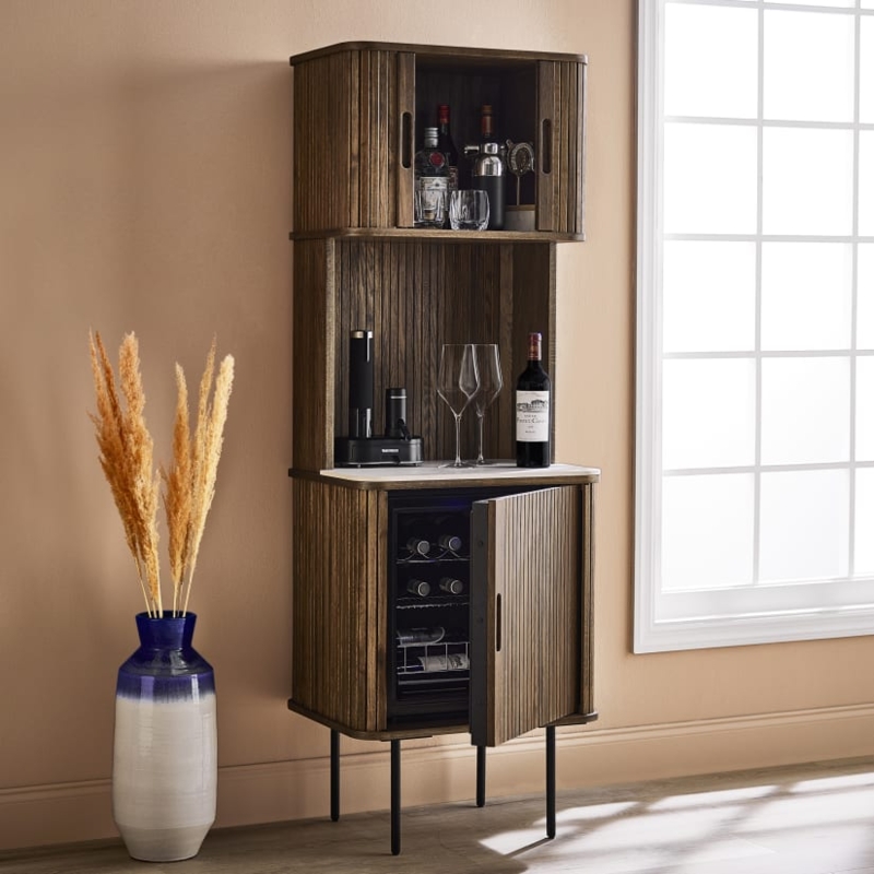 Mid-Century Walnut Bar Cabinet with Tambour Doors and Wine Cooler