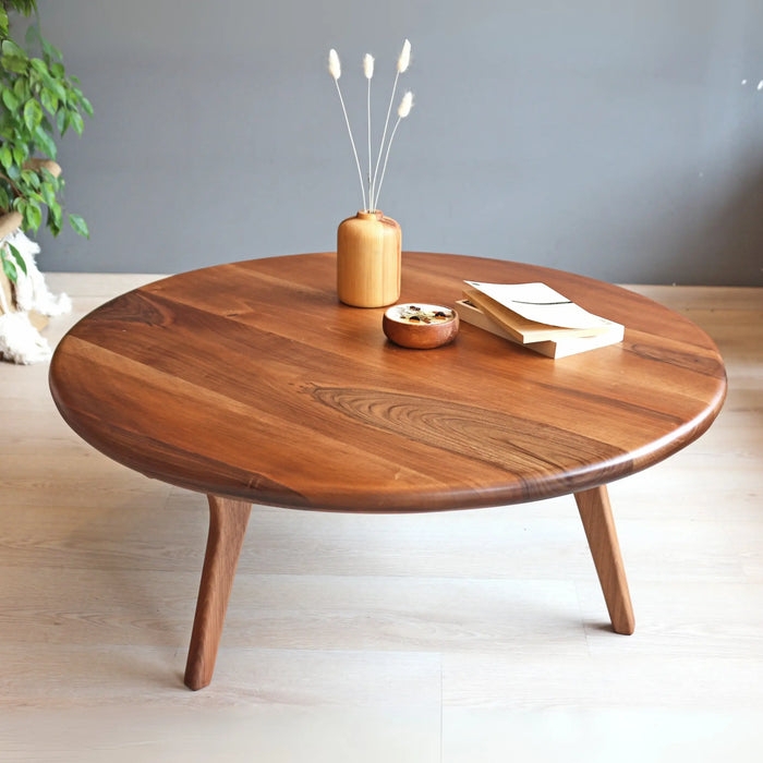 Mid Century Walnut Coffee Table Round Solid Wood Beveled