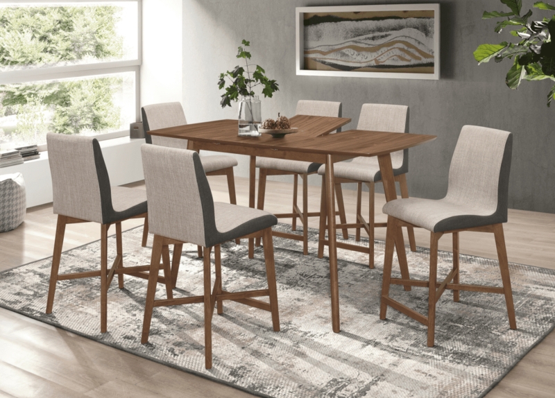 Mid-Century Walnut Counter Height Dining Set with Two-Tone Stools